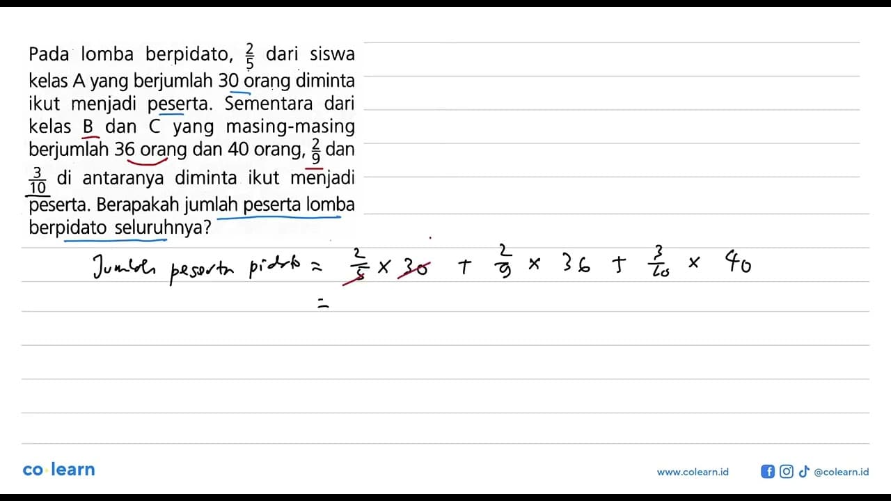 Pada lomba berpidato, 2/5 dari siswa kelas A yang berjumlah