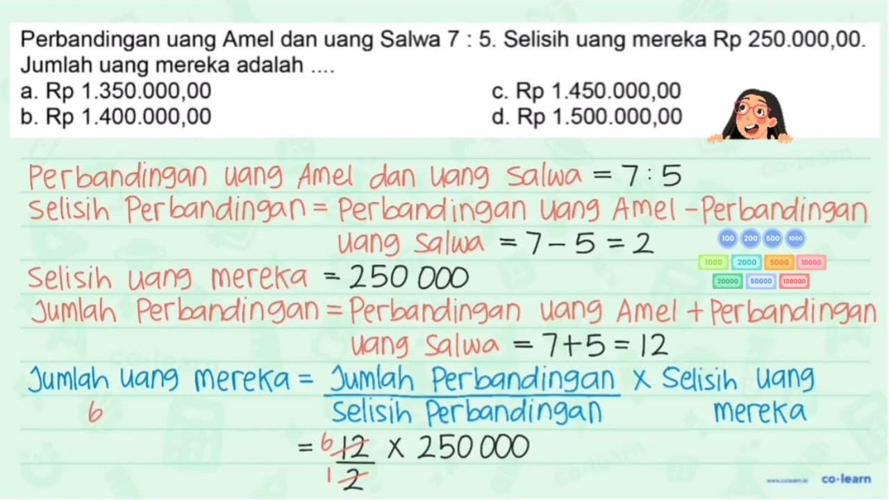 Perbandingan uang Amel dan uang Salwa 7 : 5. Selisih uang