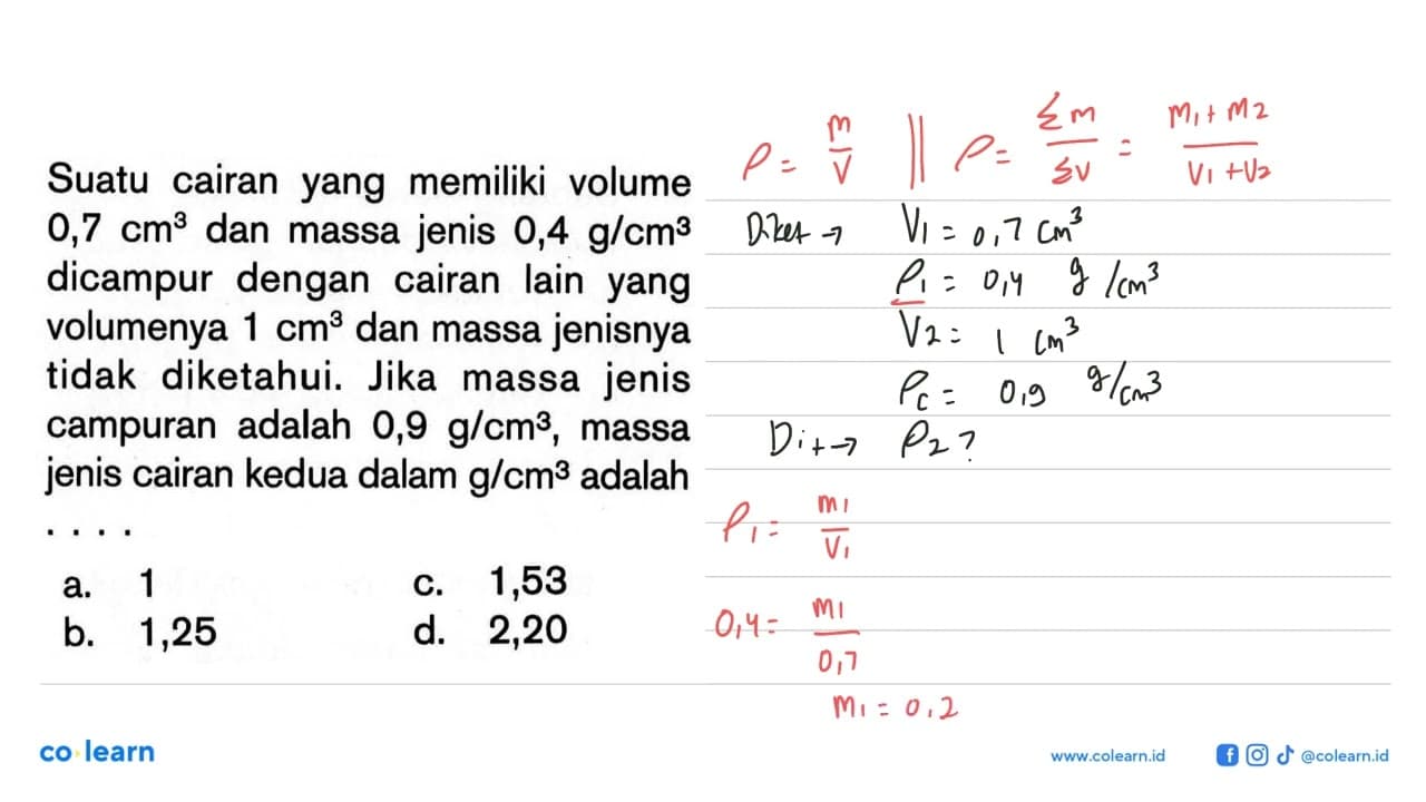 Suatu cairan yang memiliki volume 0,7 cm^3 dan massa jenis