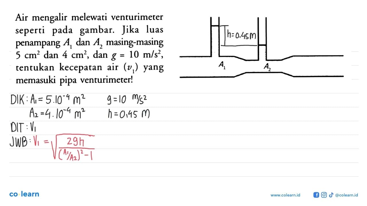 Air mengalir melewati venturimeter seperti pada gambar.