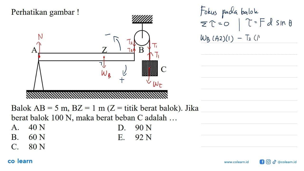 Perhatikan gambar! A Z B C Balok AB=5 m,BZ=1 m(Z= titik