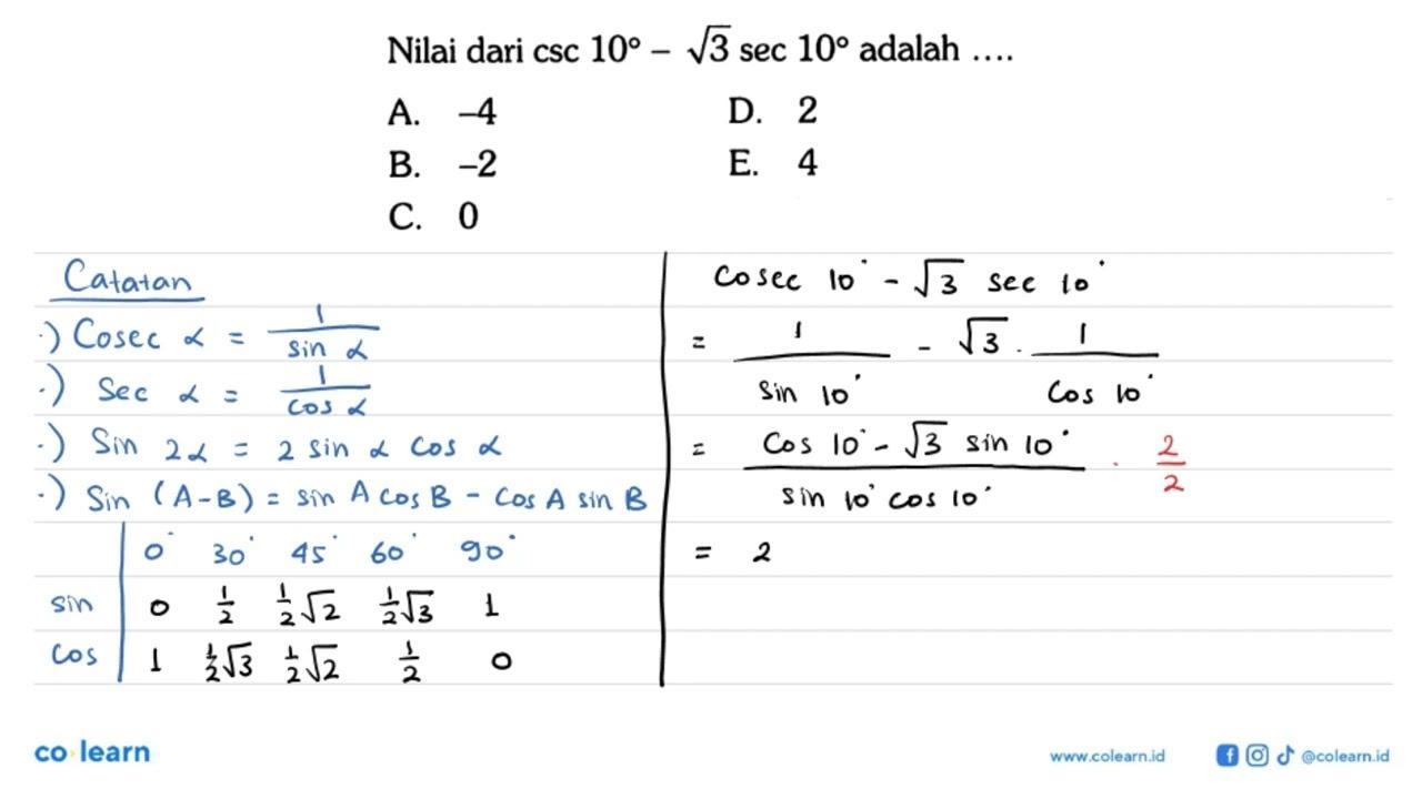 Nilai dari csc10-akar(3)sec10 adalah ...