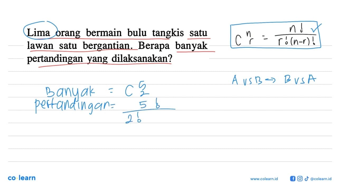 Lima orang bermain bulu tangkis satu lawan satu bergantian.