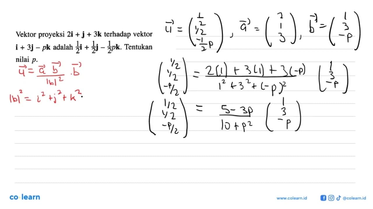 Vektor proyeksi 2i+j+3k terhadap vektor i+3j-pk adalah 1/2