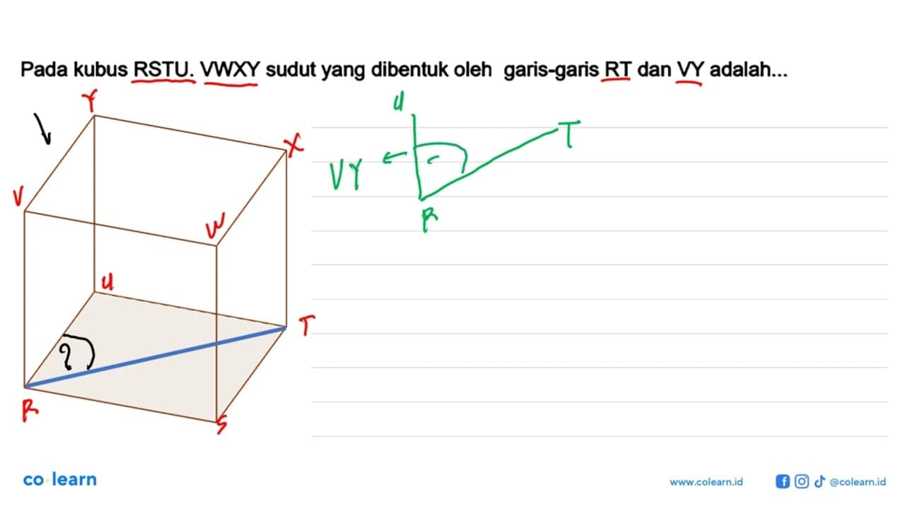 Pada kubus RSTU. VWXY sudut yang dibentuk oleh garis-garis