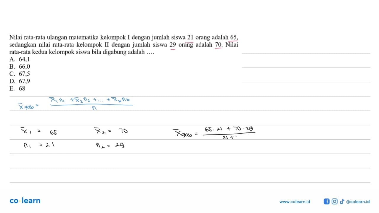 Nilai rata-rata ulangan matematika kelompok I dengan jumlah