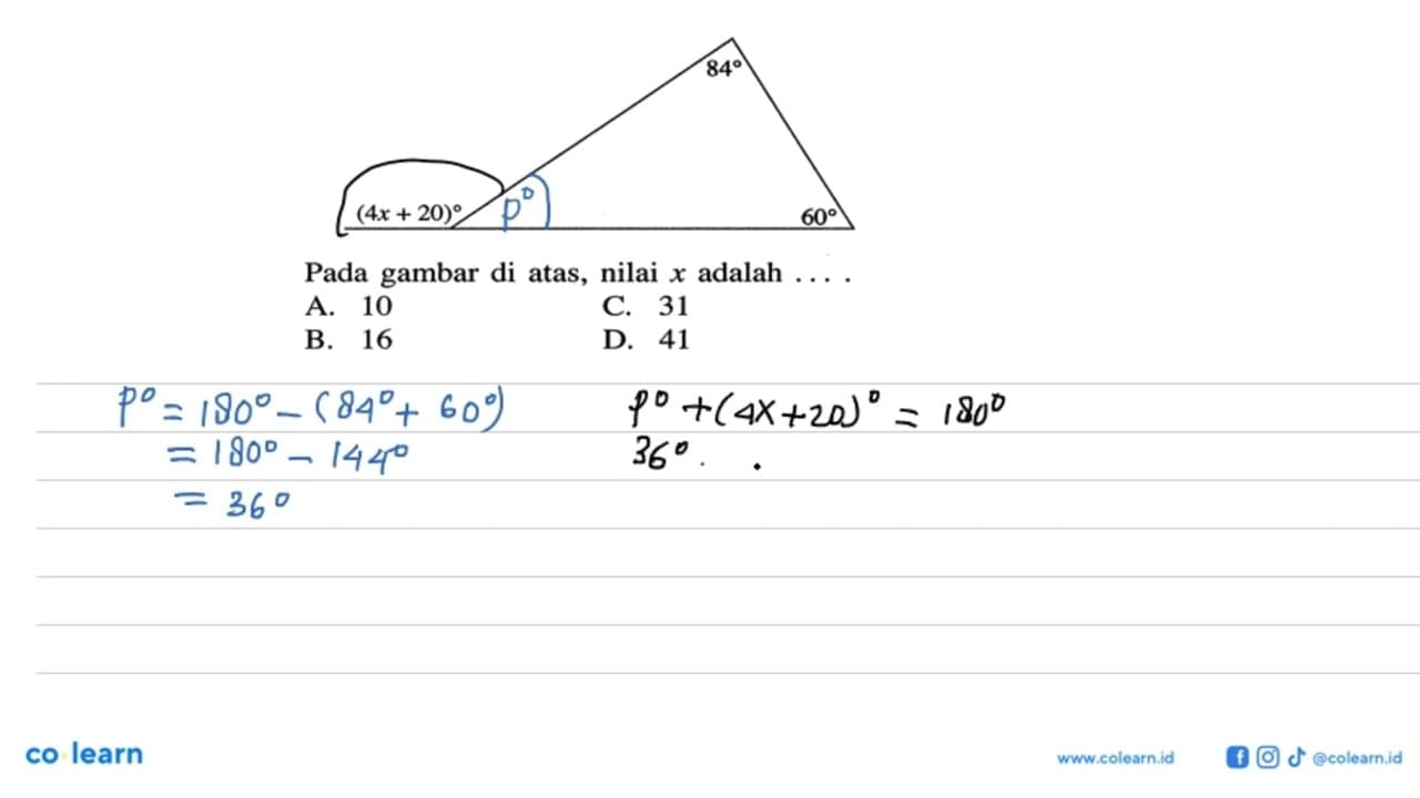 Pada gambar di atas, nilai x adalah .... (4x+20) 84 60