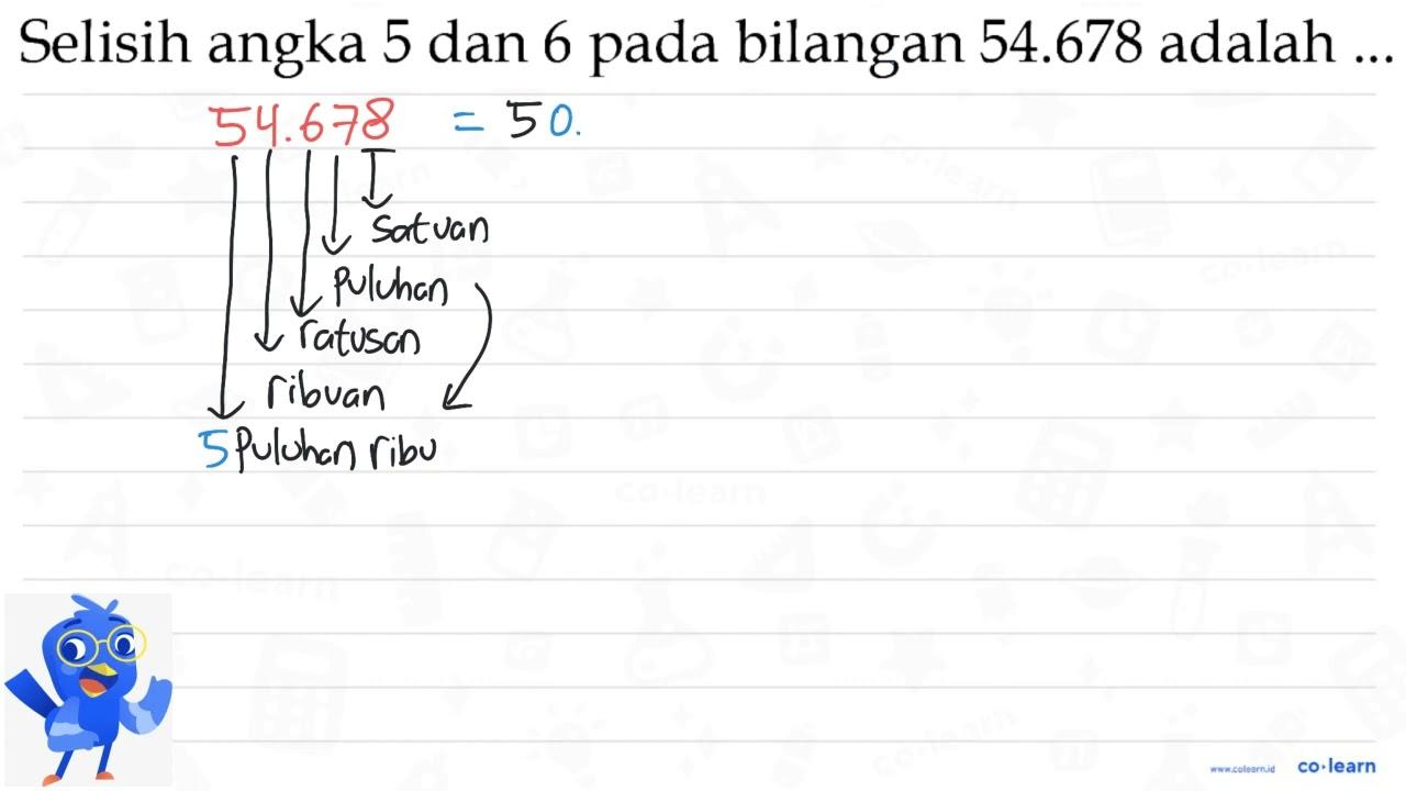 Selisih angka 5 dan 6 pada bilangan 54.678 adalah....