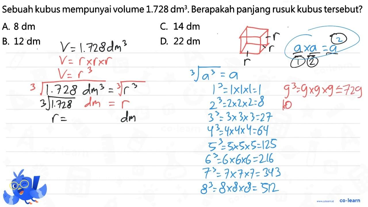 Sebuah kubus mempunyai volume 1.728 dm^3. Berapakah panjang