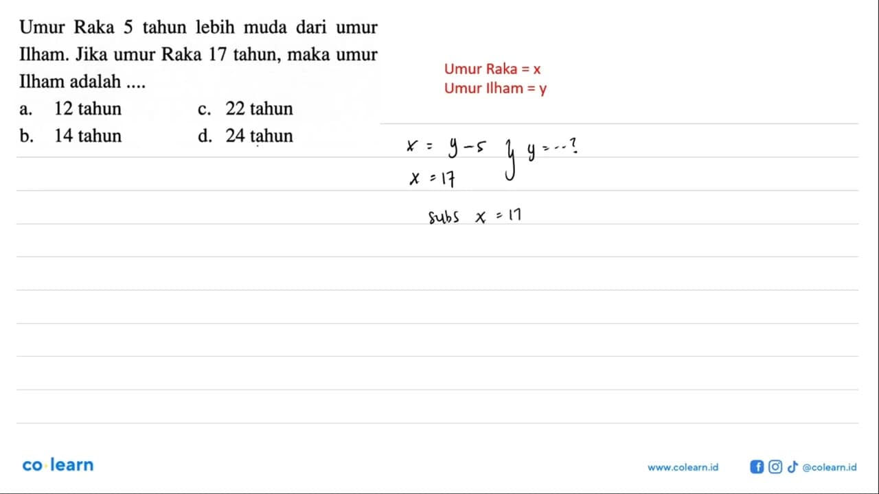 Umur Raka 5 tahun lebih muda dari umur Ilham. Jika umur