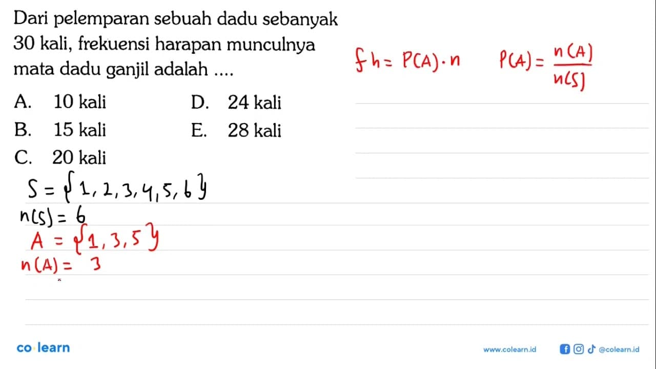 Dari pelemparan sebuah dadu sebanyak 30 kali, frekuensi