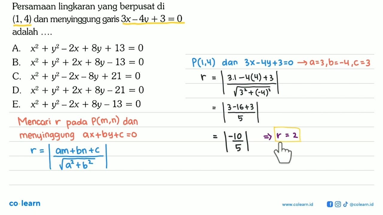 Persamaan lingkaran yang berpusat di (1,4) dan menyinggung