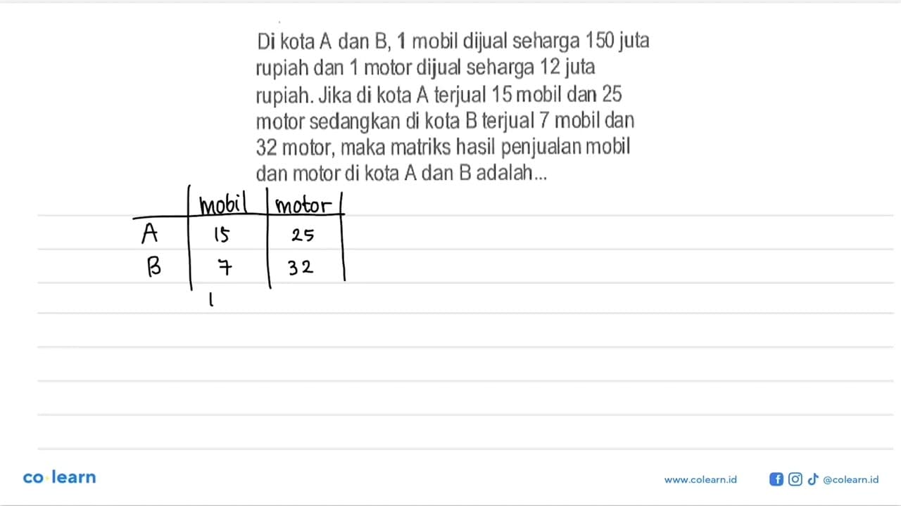 Di kota A dan B, 1 mobil dijual seharga 150 juta rupiah dan