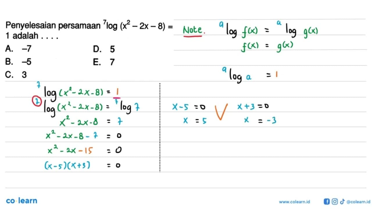 Penyelesaian persamaan 7log(x^2-2x-8)=1 adalah ...