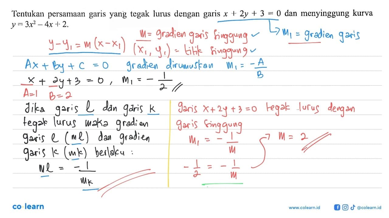 Tentukan persamaan garis yang tegak lurus dengan garis