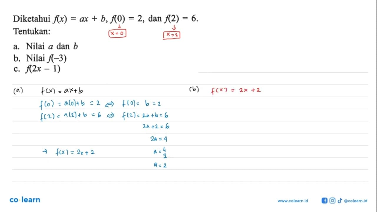 Diketahui f(x) = ax + b, f(0) = 2, dan f(2) = 6. Tentukan: