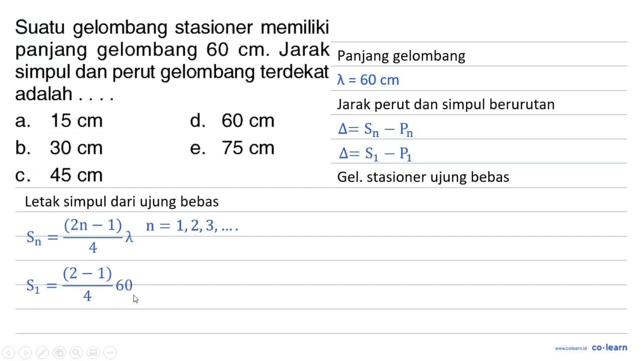 Suatu gelombang stasioner memiliki panjang gelombang 60 cm.