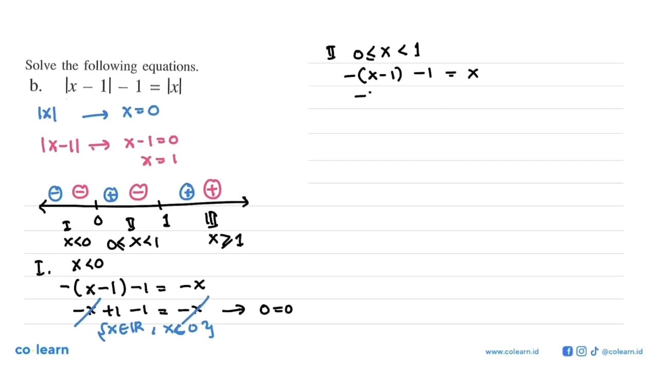 Solve the following equations. b. |x-1|-1=|x|