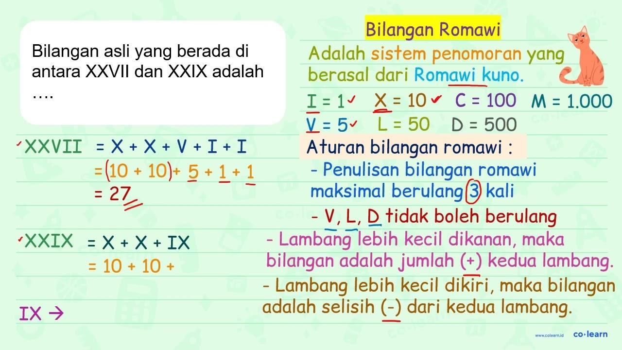 Bilangan asli yang berada di antara XXVII dan XXIX adalah