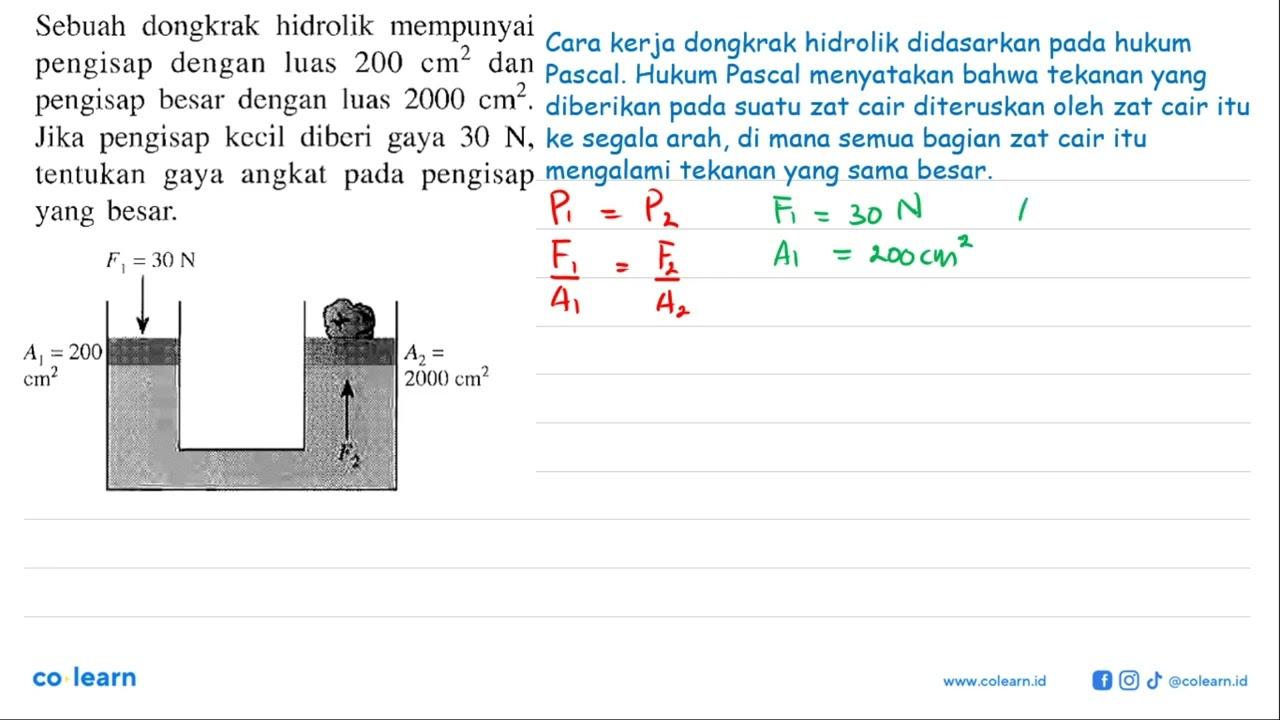 Sebuah dongkrak hidrolik mempunyai pengisap dengan luas 200