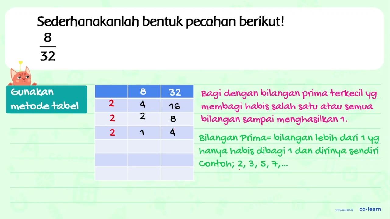 Sederhanakanlah bentuk pecahan berikut! (8)/(32)