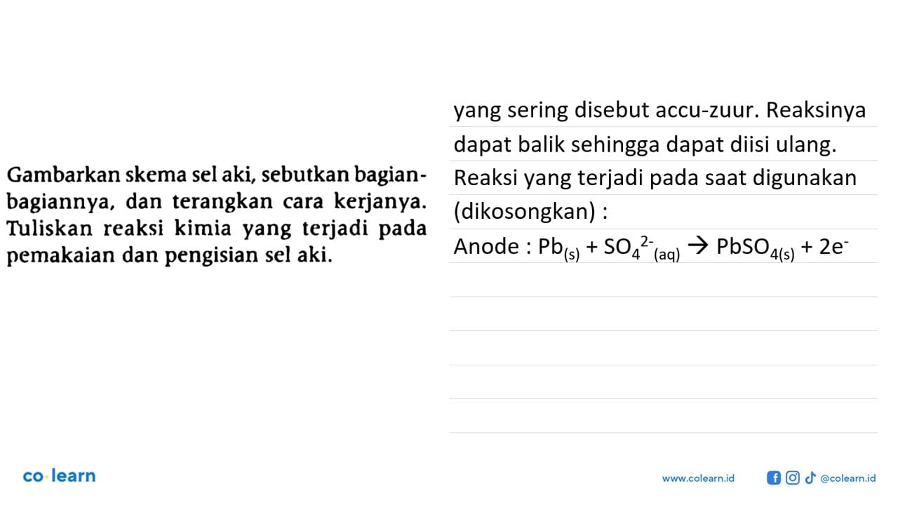 Gambarkan skema sel aki, sebutkan bagian-bagiannya, dan