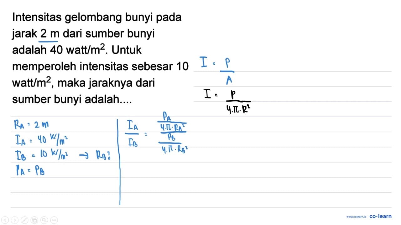 Intensitas gelombang bunyi pada jarak 2 m dari sumber bunyi