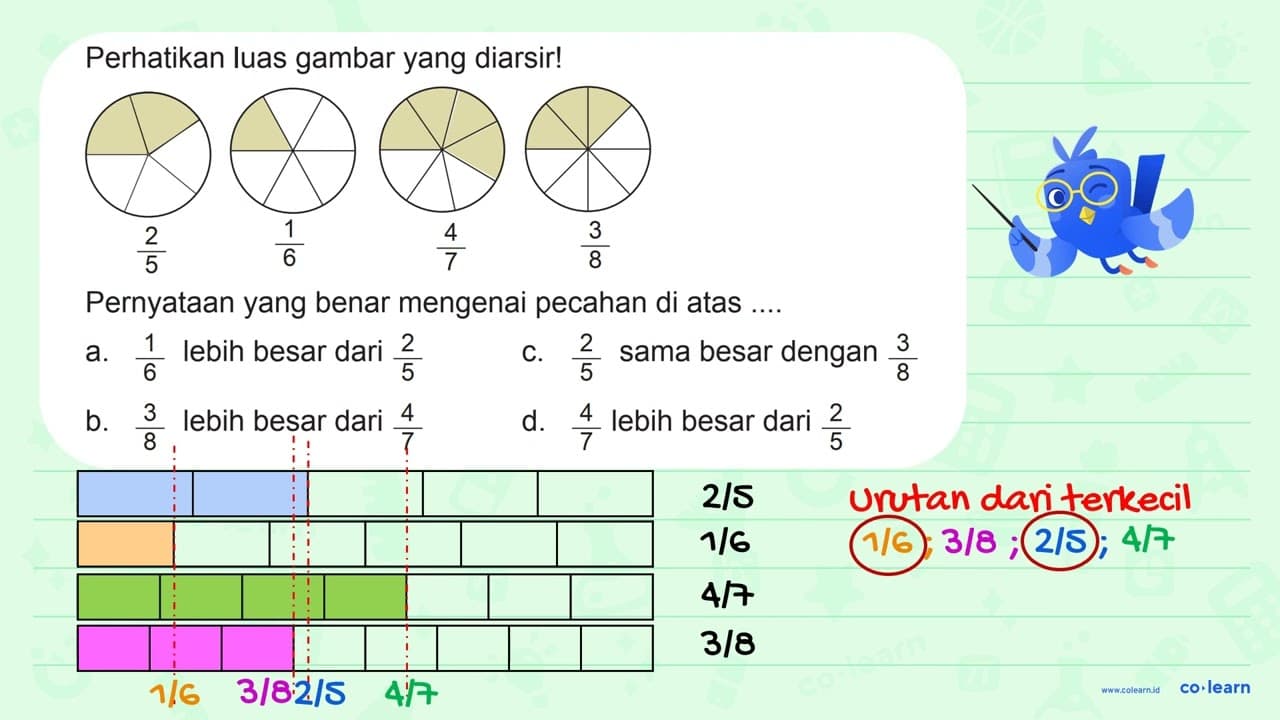 Perhatikan luas gambar yang diarsir! 2/5 1/6 4/7 3/6