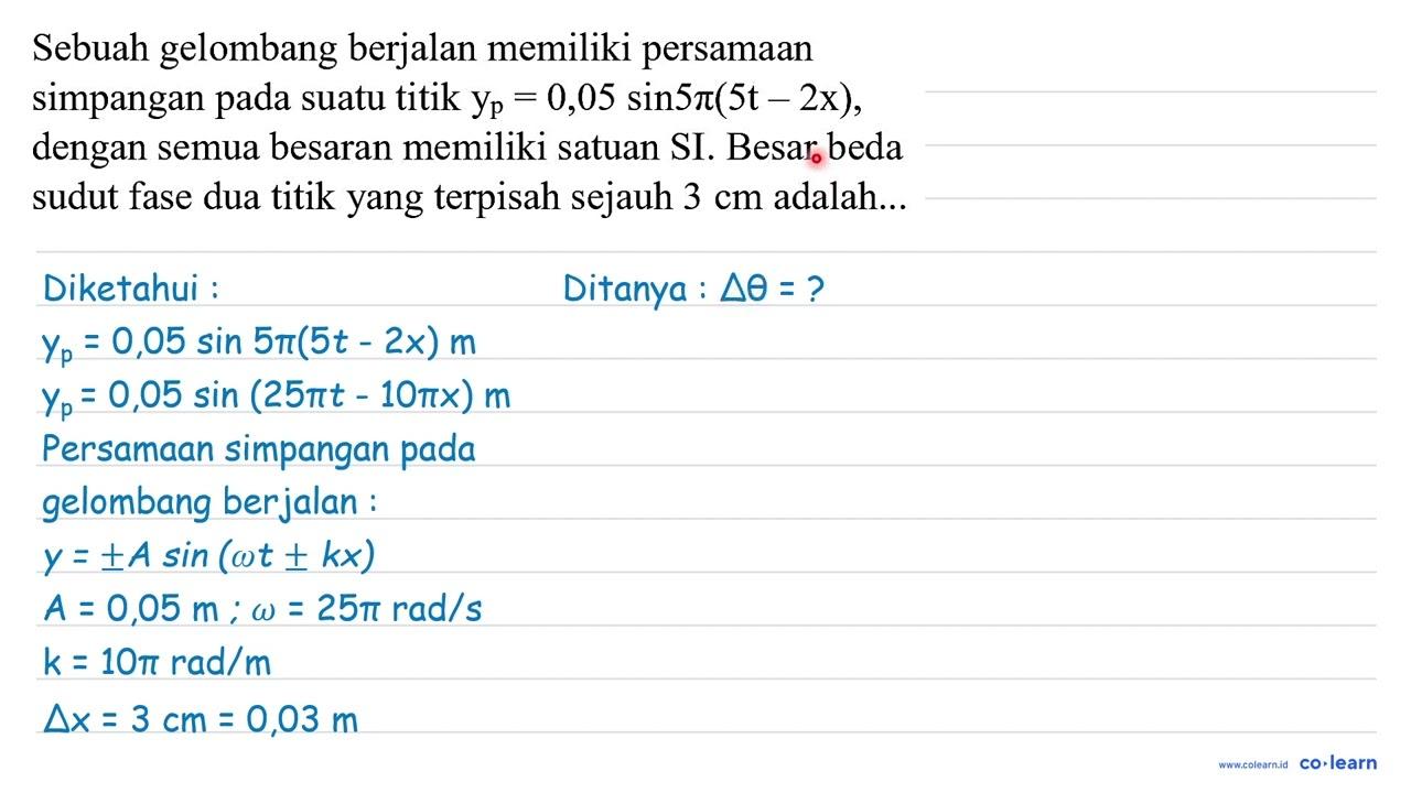 Sebuah gelombang berjalan memiliki persamaan simpangan pada