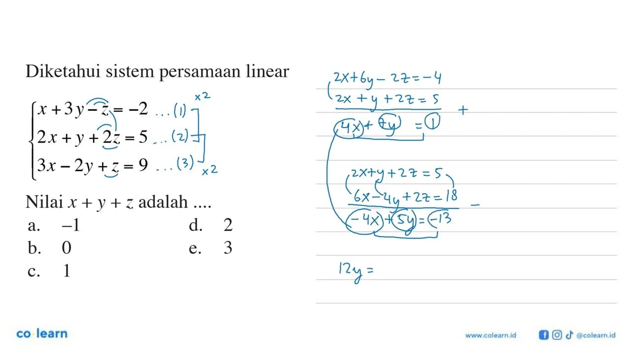 Diketahui sistem persamaan linear x+3y-z=-2 2x+y+2z=5