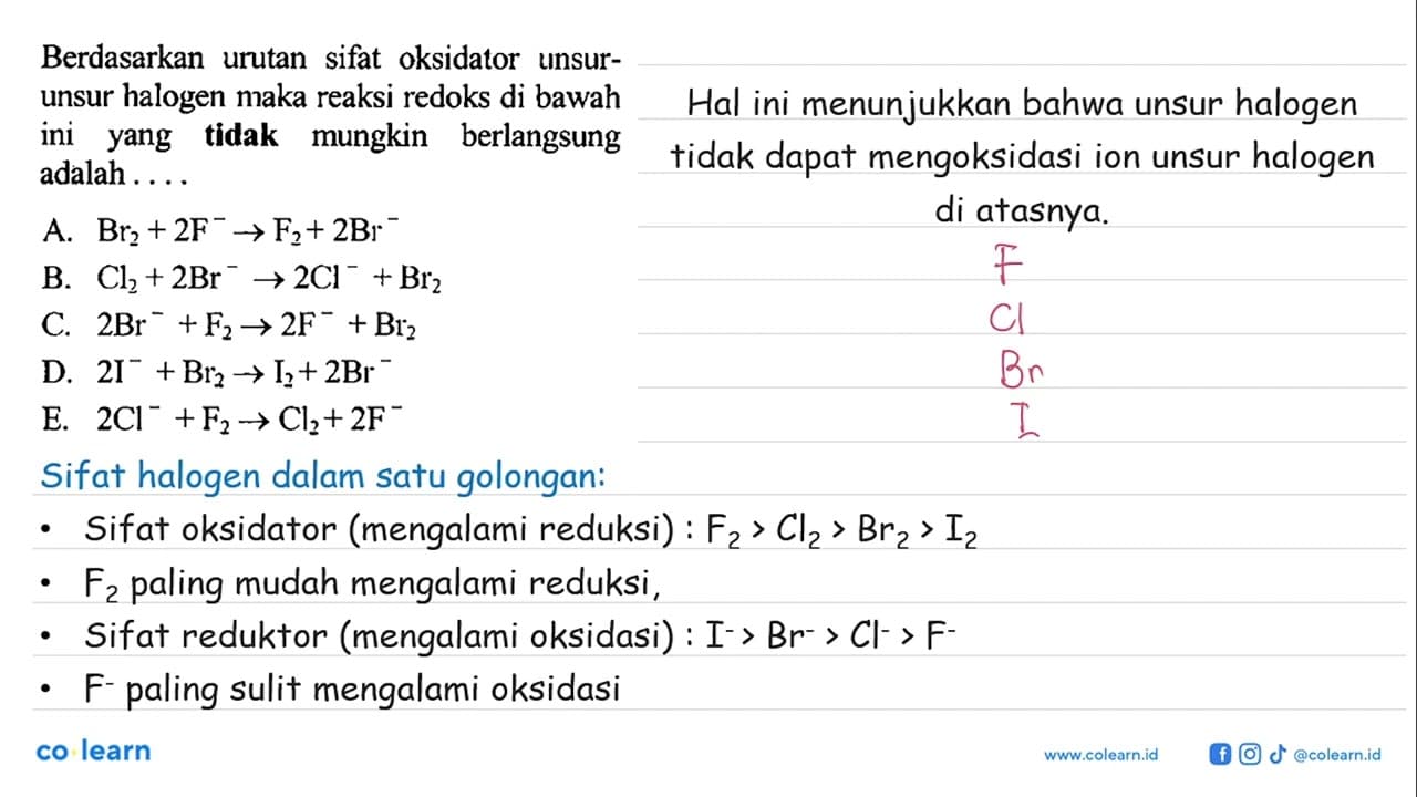 Berdasarkan urutan sifat oksidator unsurunsur halogen maka