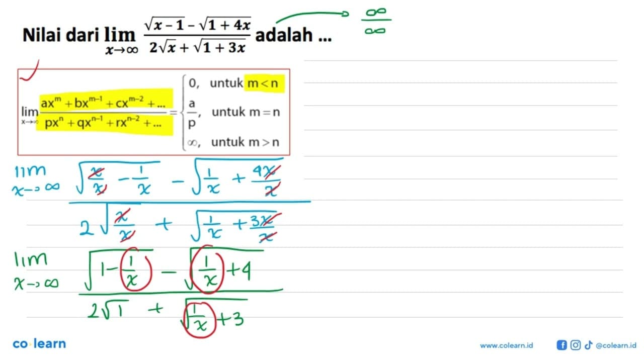 Nilai dari limit x->3 (akar(x-1)-akar(1+4x))/(2