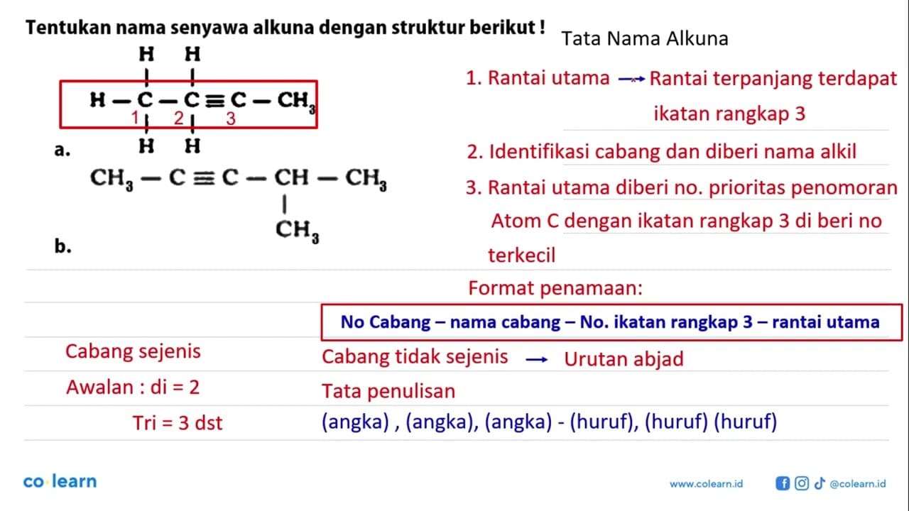 Tentukan nama senyawa alkuna dengan struktur berikut ! a. H