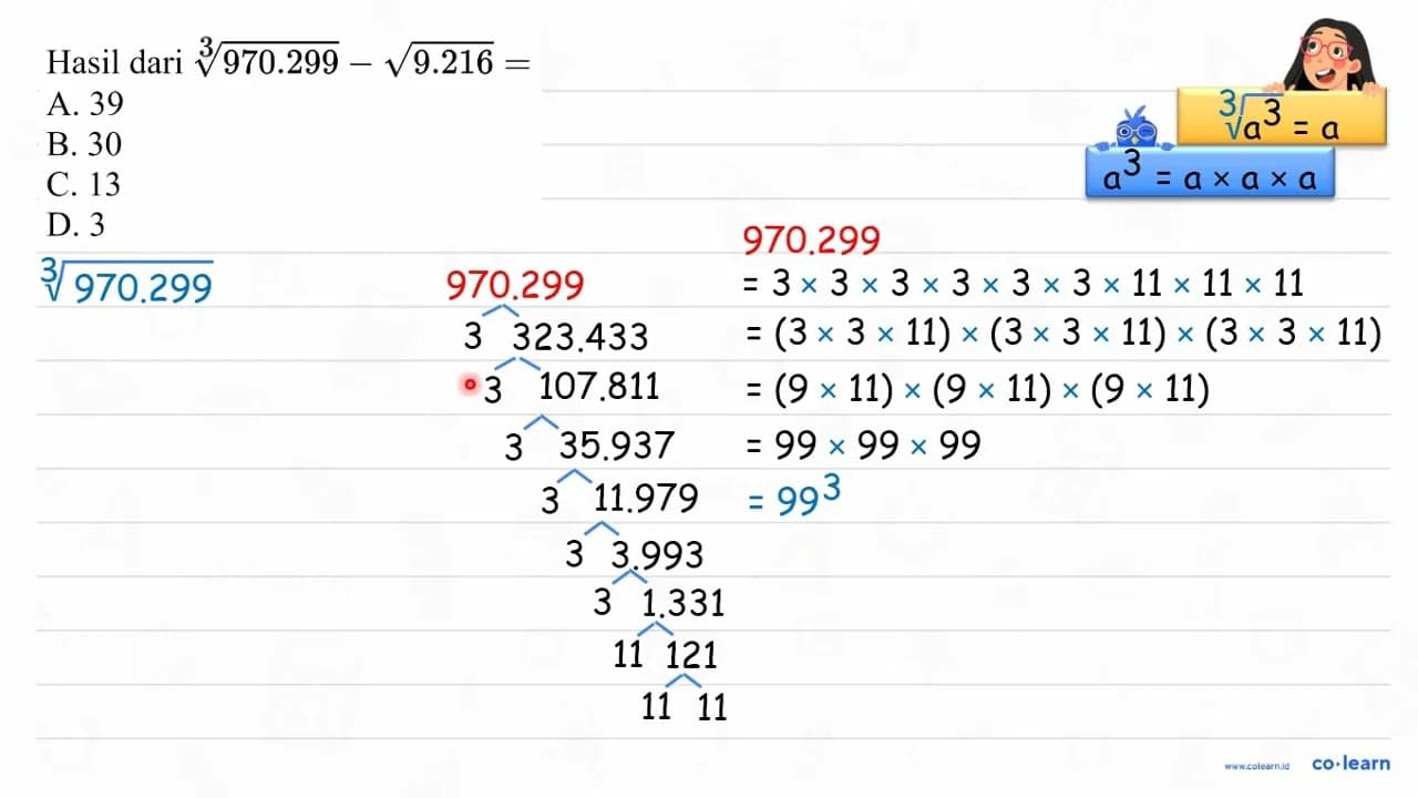 Hasil dari 970.299^(1/3) - akar(9.216)=