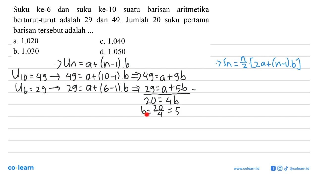 Suku ke-6 dan suku ke-10 suatu barisan aritmetika