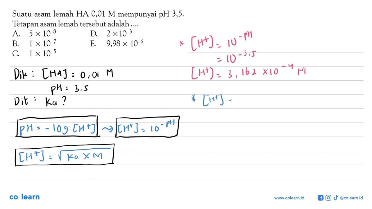 Suatu asam lemah HA 0,01 M mempunyai pH 3,5. Tetapan asam
