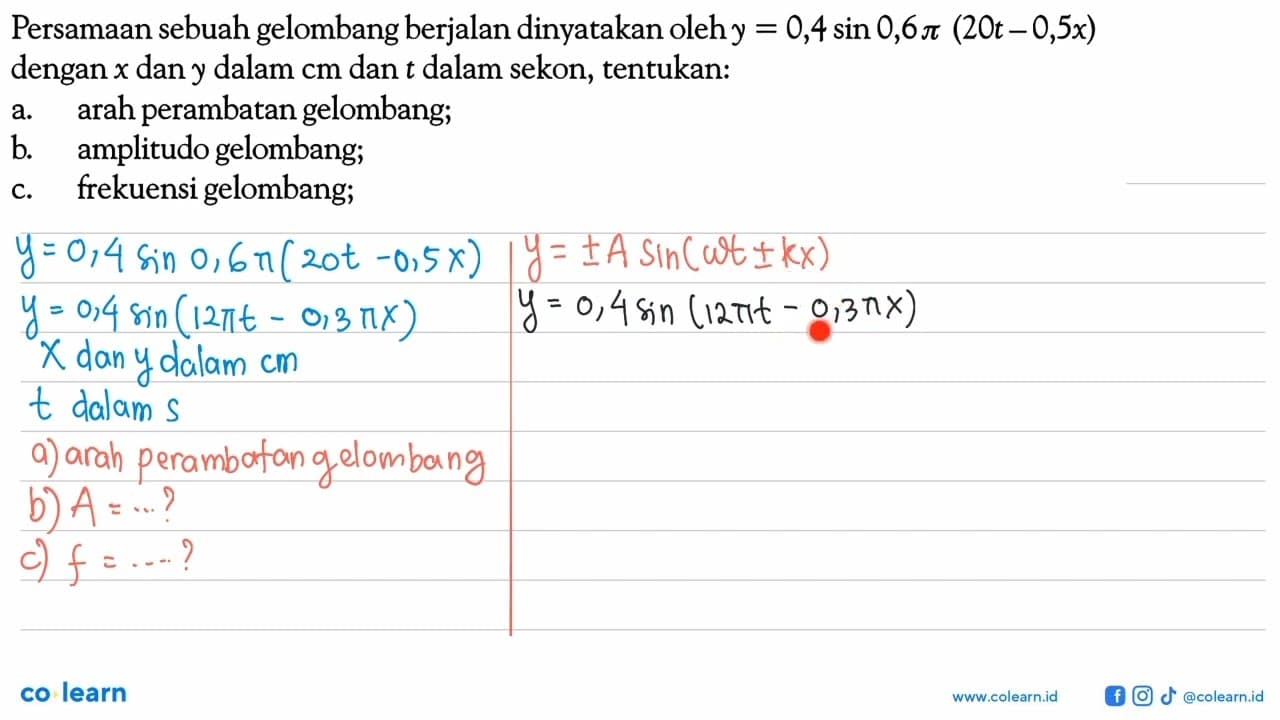 Persamaan sebuah gelombang berjalan dinyatakan oleh y=0,4