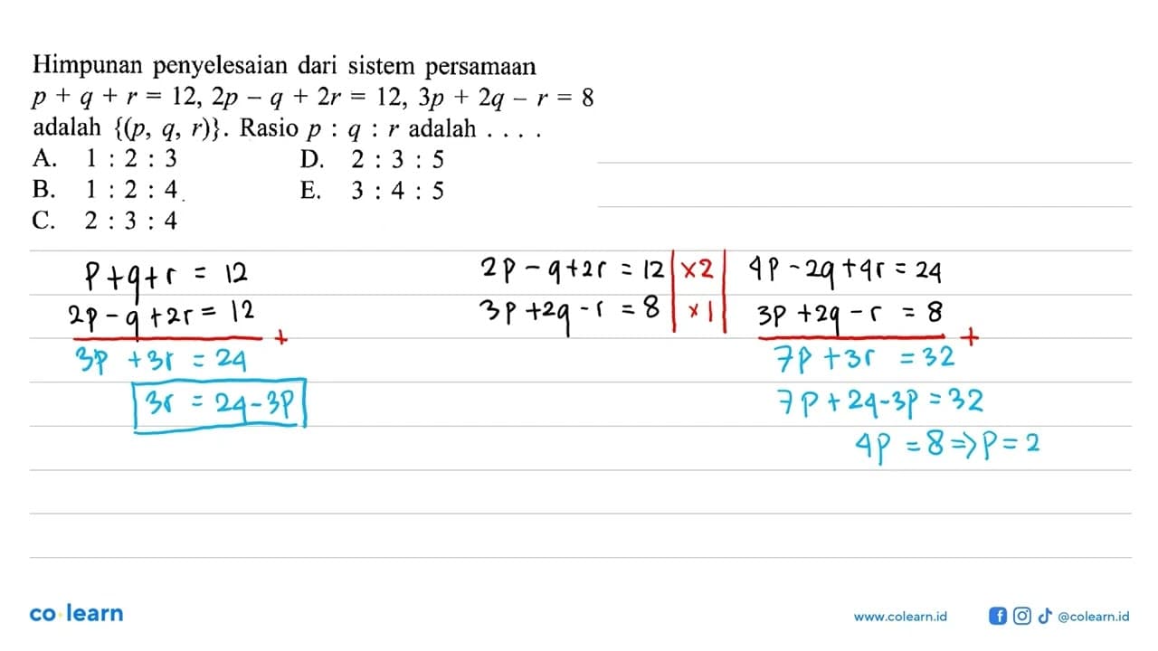 Himpunan penyelesaian dari sistem persamaan p+q+r=12,