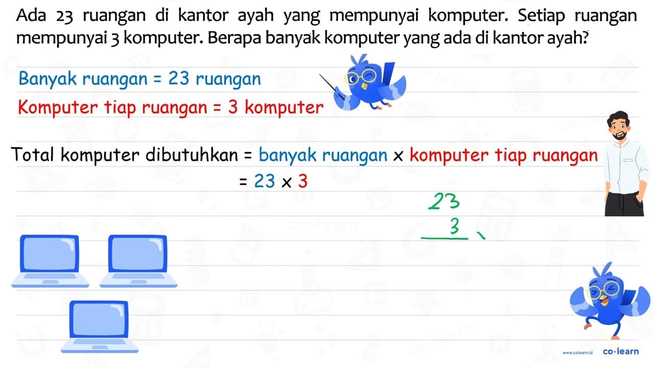 Ada 23 ruangan di kantor ayah yang mempunyai komputer.