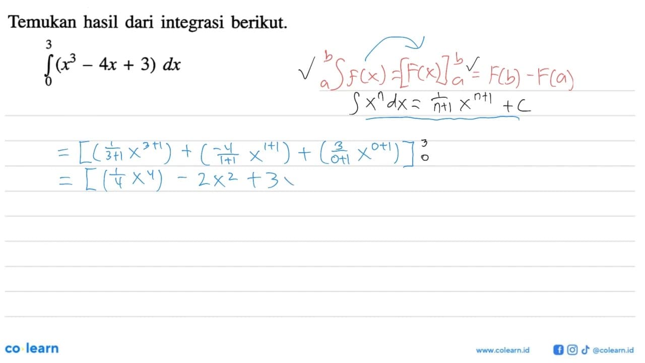 Temukan hasil dari integrasi berikut.integral 0 3(x^3-4x+3)