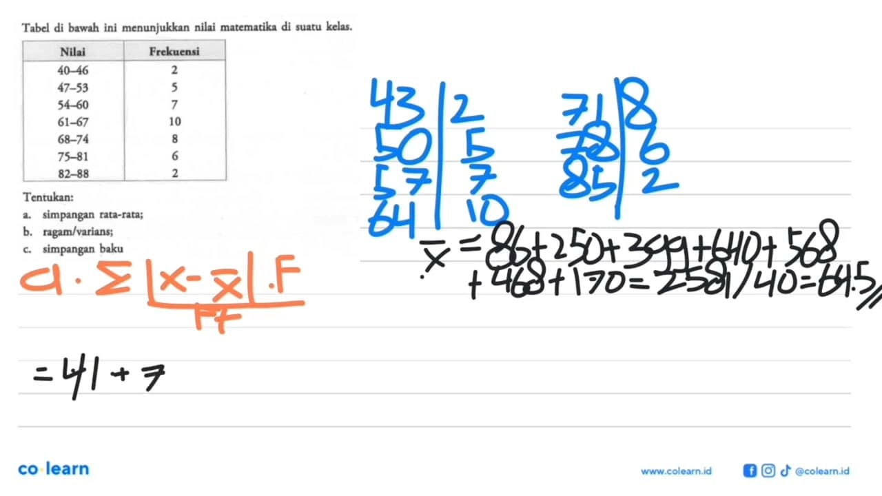 Tabel di bawah ini menunjukkan nilai matematika di suatu