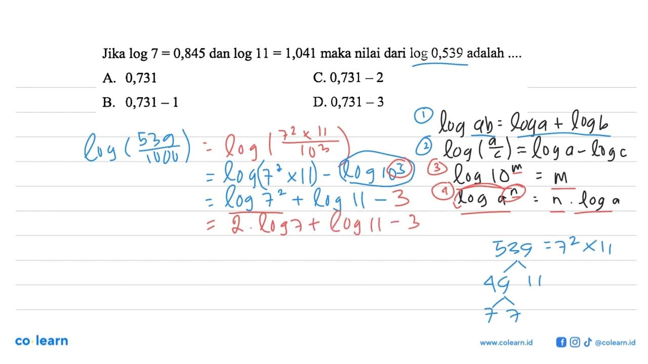 Jika log7=0,845 dan log11=1,041 maka nilai dari log0,539