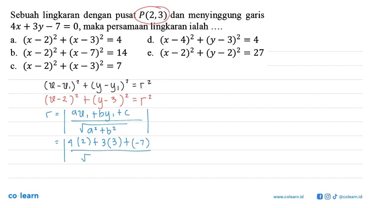 Sebuah lingkaran dengan pusat P(2,3) dan menyinggung garis