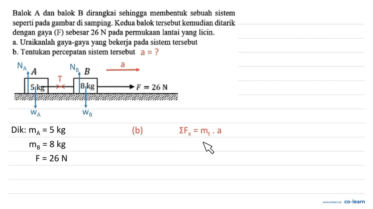 A B 5 kg 8 kg F=26N Balok A dan balok B dirangkai sehingga