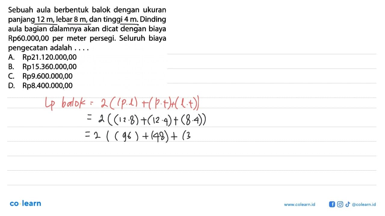 Sebuah aula berbentuk balok dengan ukuran panjang 12 m,