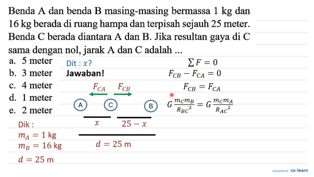 Benda A dan benda B masing-masing bermassa 1 kg dan 16 kg