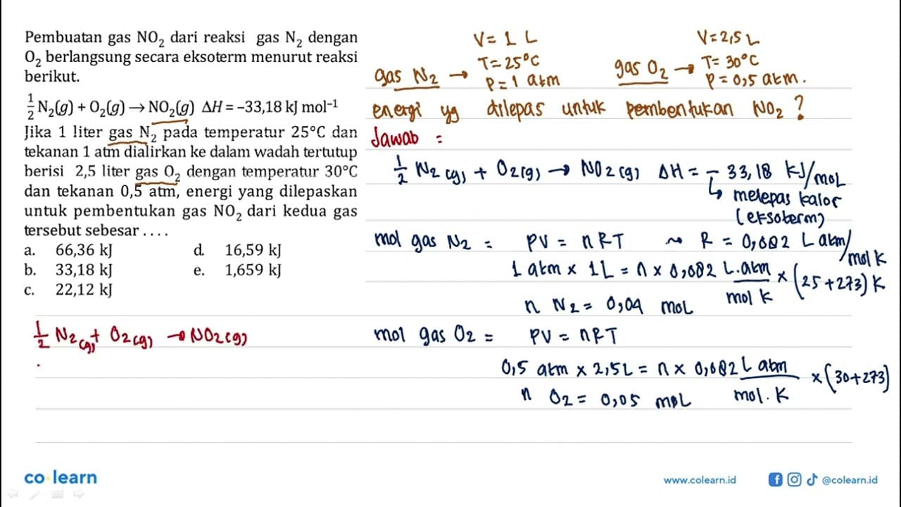 Pembuatan gas NO2 dari reaksi gas N2 dengan O2 berlangsung