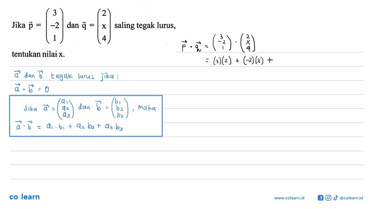 Jika p=(3 -2 1) dan q=(2 x 4) saling tegak lurus. tentukan