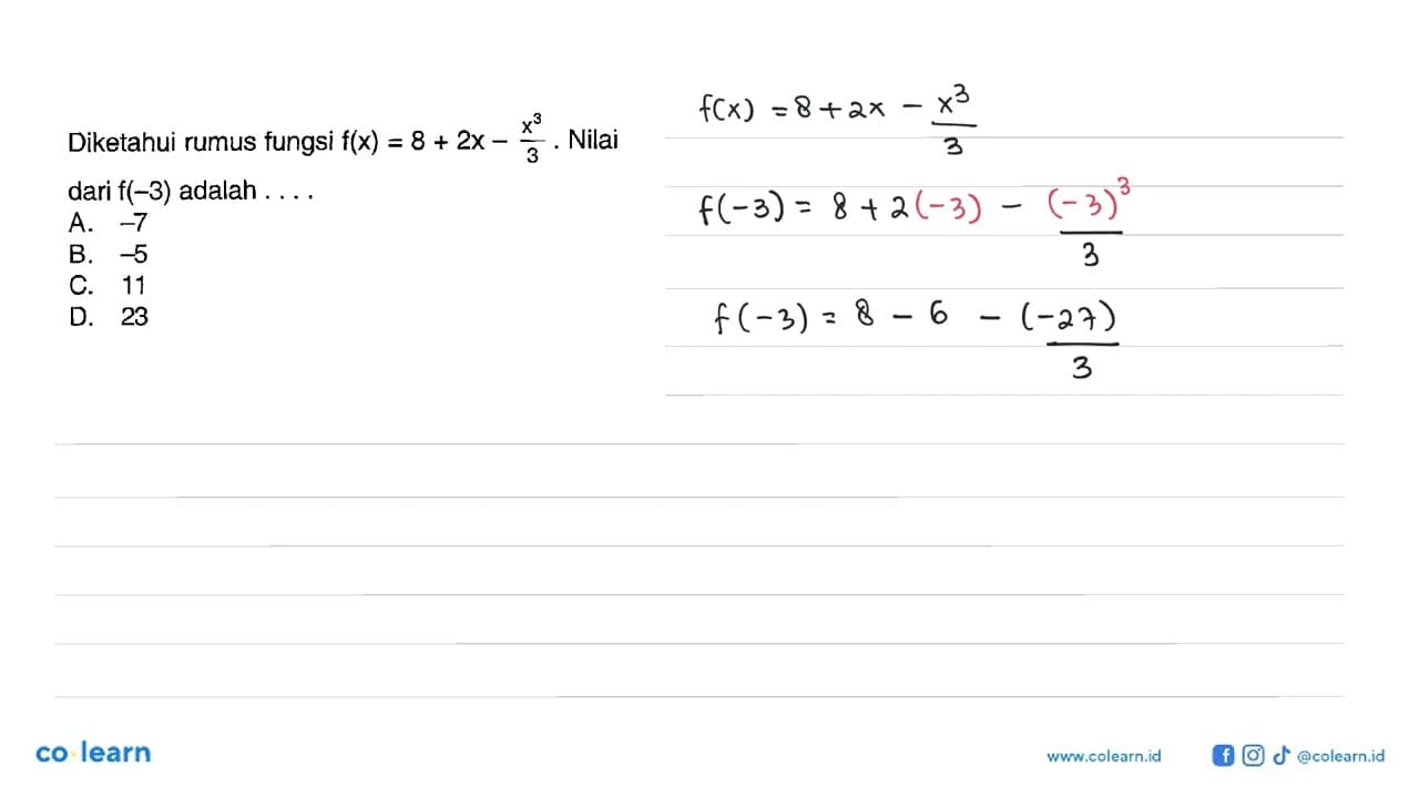 Diketahui rumus fungsi f(x) = 8 + 2x - (x^3 / 3). Nilai