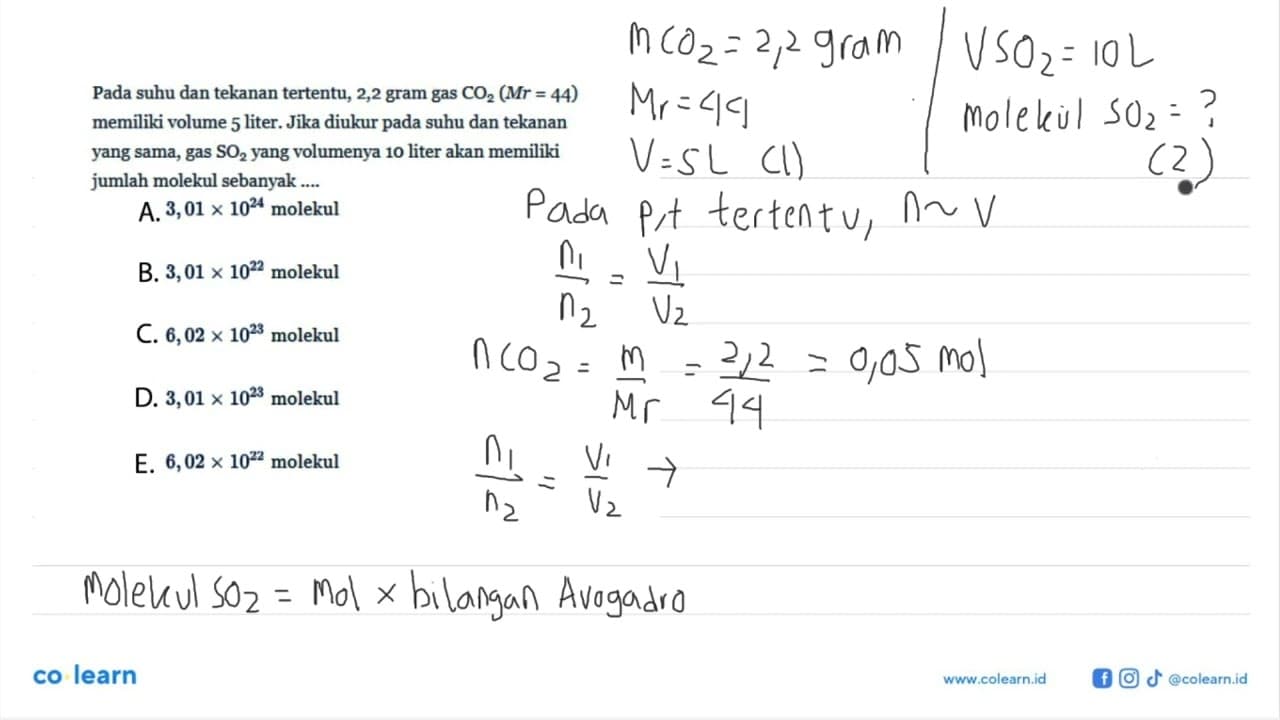 Pada suhu dan tekanan tertentu, 2,2 gram gas CO2(M r=44)